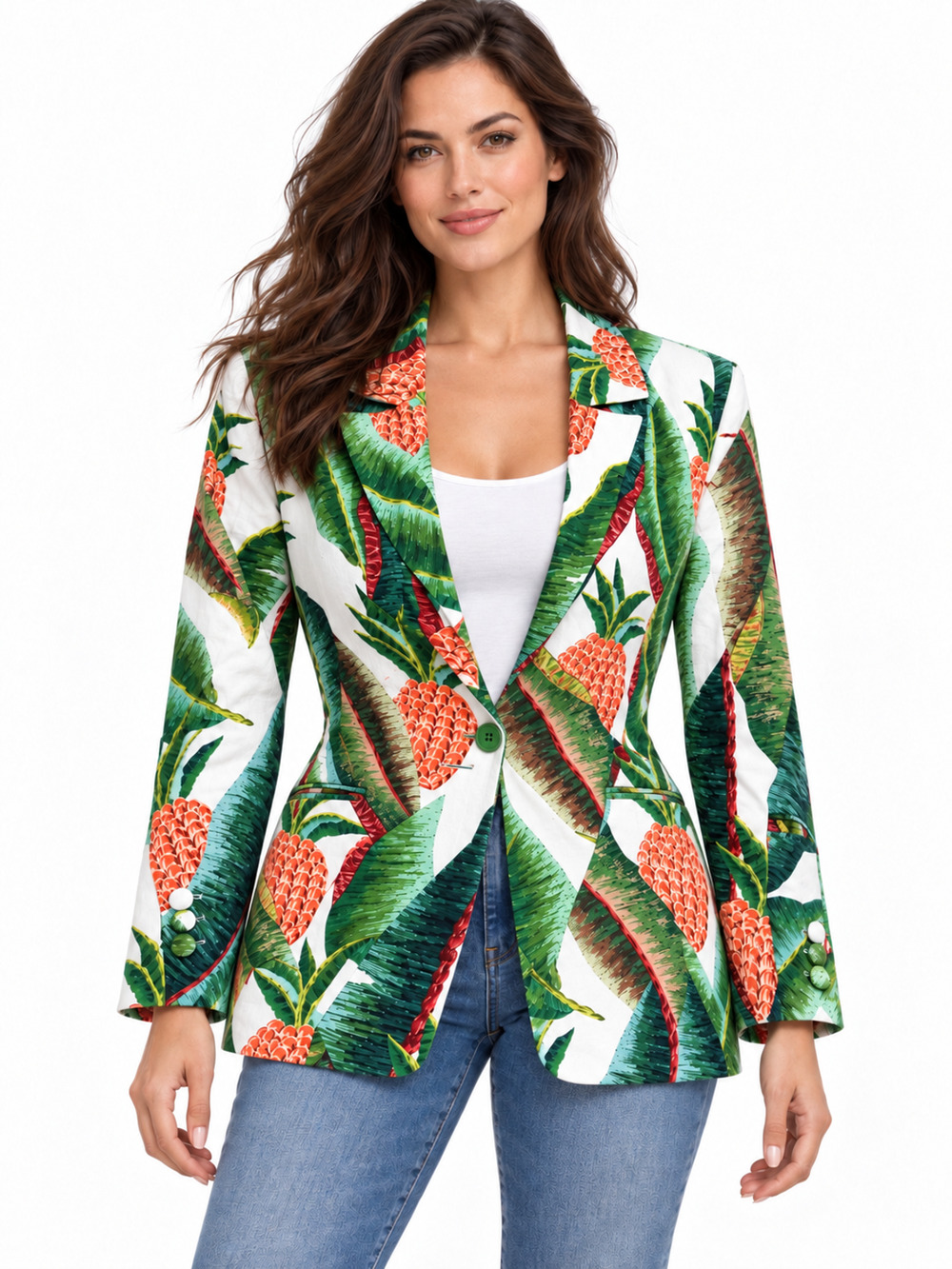 FARM RIO Forest Palm Linen Blazer Size M Tropical Pineapple Single Breasted